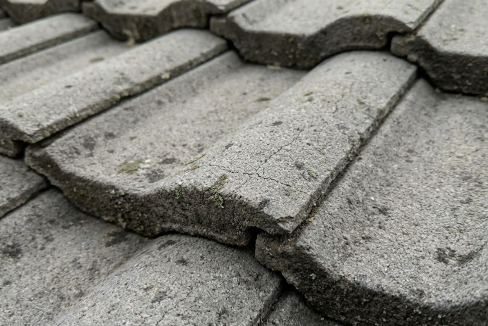 Weathered grey roof tiles showing surface oxidation